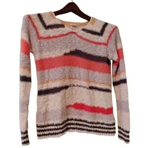 full sleeve knit sweater striped pattern pink gray brown white v neck medium